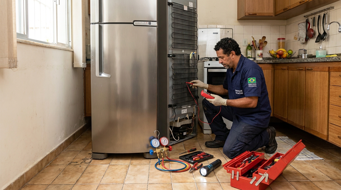 Técnico realizando manutenção de motor de geladeira em Guarapari‑ES
